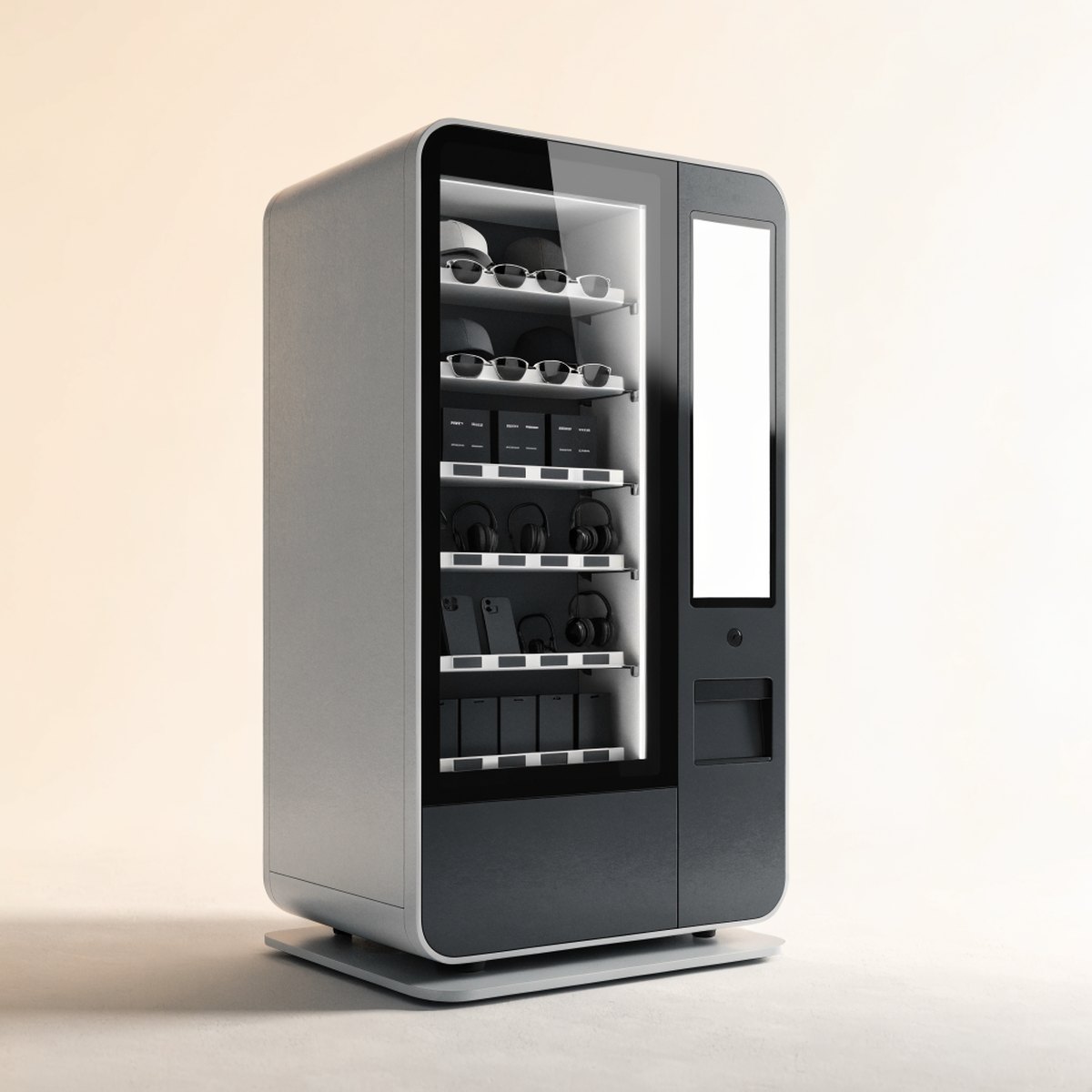 Illustration of a free-standing ambient vending machine, three-quarter view, shelves loaded with caps, sunglasses, headphones and phone accessories, with a tall touchscreen and card terminal on the right.